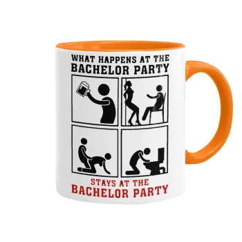 What happens at the bachelor party, stays at the bachelor party!, Mug colored orange, ceramic, 330ml