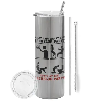 What happens at the bachelor party, stays at the bachelor party!, Tumbler stainless steel Silver 600ml, with metal straw & cleaning brush