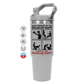 What happens at the bachelor party, stays at the bachelor party!, GREY color, 890ml (30oz) stainless Steel Tumbler with Handle