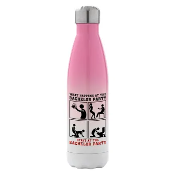 What happens at the bachelor party, stays at the bachelor party!, Metal mug thermos Pink/White (Stainless steel), double wall, 500ml