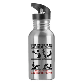 What happens at the bachelor party, stays at the bachelor party!, Water bottle Silver with straw, stainless steel 600ml