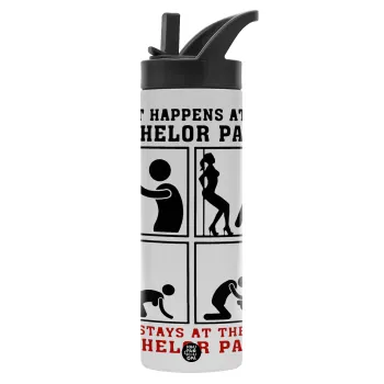 What happens at the bachelor party, stays at the bachelor party!, Μεταλλικό παγούρι θερμός με καλαμάκι & χειρολαβή, ανοξείδωτο ατσάλι (Stainless steel 304), διπλού τοιχώματος, 600ml