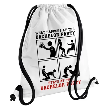 What happens at the bachelor party, stays at the bachelor party!, Τσάντα πλάτης πουγκί GYMBAG λευκή, με τσέπη (40x48cm) & χονδρά κορδόνια