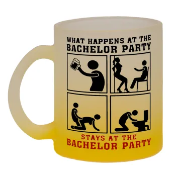 What happens at the bachelor party, stays at the bachelor party!, Κούπα γυάλινη δίχρωμη με βάση το κίτρινο ματ, 330ml