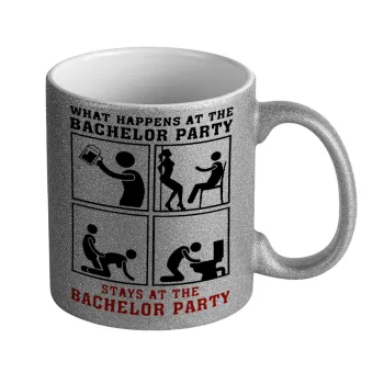What happens at the bachelor party, stays at the bachelor party!, Κούπα Ασημένια Glitter που γυαλίζει, κεραμική, 330ml