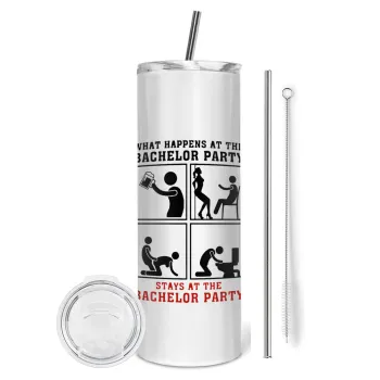 What happens at the bachelor party, stays at the bachelor party!, Tumbler ποτήρι θερμό από ανοξείδωτο ατσάλι 600ml, με μεταλλικό καλαμάκι & βούρτσα καθαρισμού