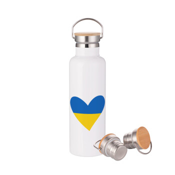 UKRAINE heart, Μεταλλικό παγούρι θερμός (Stainless steel) Λευκό με ξύλινο καπακι (bamboo), διπλού τοιχώματος, 750ml