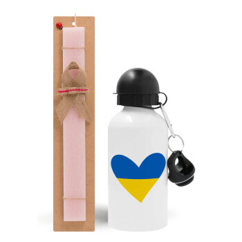 UKRAINE heart, Πασχαλινό Σετ, παγούρι μεταλλικό αλουμινίου (500ml) & πασχαλινή λαμπάδα αρωματική πλακέ (30cm) (ΡΟΖ)