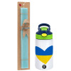 Easter Set, Children's thermal stainless steel bottle with safety straw, green/blue (350ml) & aromatic flat Easter candle (30cm) (TURQUOISE)