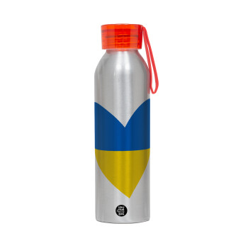 UKRAINE heart, Αλουμινένιο Αθλητικό Μπουκάλι 650ml – Ασημί με Κόκκινο Καπάκι και Λουράκι Σιλικόνης