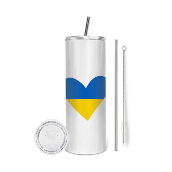 UKRAINE heart, Eco friendly ποτήρι θερμό (tumbler) από ανοξείδωτο ατσάλι 600ml, με μεταλλικό καλαμάκι & βούρτσα καθαρισμού