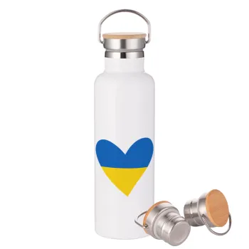 UKRAINE heart, Μεταλλικό παγούρι θερμός (Stainless steel) Λευκό με ξύλινο καπάκι (bamboo), διπλού τοιχώματος, 750ml