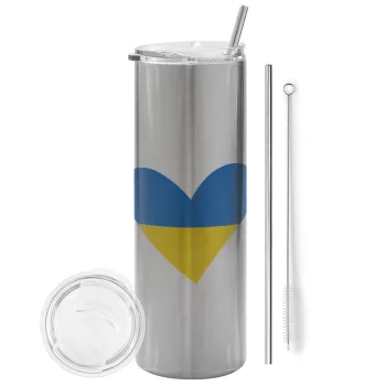 UKRAINE heart, Tumbler stainless steel Silver 600ml, with metal straw & cleaning brush