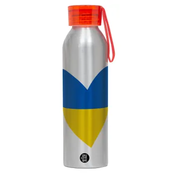 UKRAINE heart, Αλουμινένιο Αθλητικό Μπουκάλι 650ml – Ασημί με Κόκκινο Καπάκι και Λουράκι Σιλικόνης