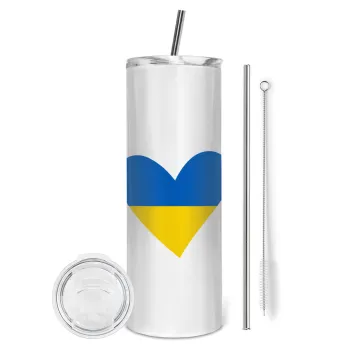 UKRAINE heart, Tumbler ποτήρι θερμό από ανοξείδωτο ατσάλι 600ml, με μεταλλικό καλαμάκι & βούρτσα καθαρισμού