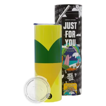 UKRAINE heart, Neon Yellow Travel Tumbler θερμό, μεταλλικό καλαμάκι(Ανωξείδωτο 304 Food grade, BPA free, 600ml)