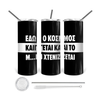 Εδώ ο κόσμος καίγεται και το Μ....Ι χτενίζεται, Tumbler stainless steel 600ml, with metal straw & cleaning brush