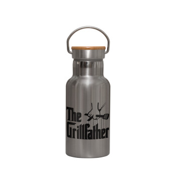 The Grillfather, Stainless steel metallic thermos flask, silver with a bamboo lid, double-walled, 350ml.