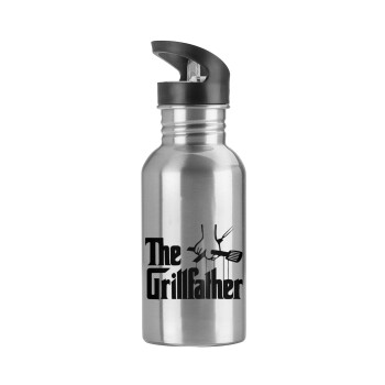 The Grillfather, Water bottle Silver with straw, stainless steel 600ml