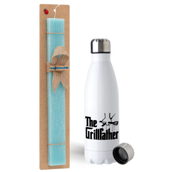 The Grillfather, Easter Set, metallic stainless steel water bottle (750ml) & aromatic flat Easter candle (30cm) (TURQUOISE)