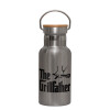 Stainless steel metallic thermos flask, silver with a bamboo lid, double-walled, 350ml.