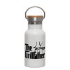 Metallic thermos (Stainless steel) White with wooden lid (bamboo), double-walled, 350ml