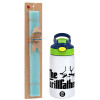 Easter Set, Children's thermal stainless steel bottle with safety straw, green/blue (350ml) & aromatic flat Easter candle (30cm) (TURQUOISE)