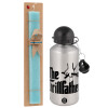 Easter Set, metallic silver aluminum water bottle (500ml) & scented flat Easter candle (30cm) (TURQUOISE)