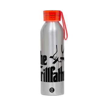 The Grillfather, Aluminum Sports Bottle 650ml – Silver with Red Cap and Silicone Strap