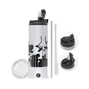 The Grillfather, Travel Tumbler 2 Lids, with metal straw & cleaning brush (Stainless steel 304 Food grade, BPA free, 600ml)