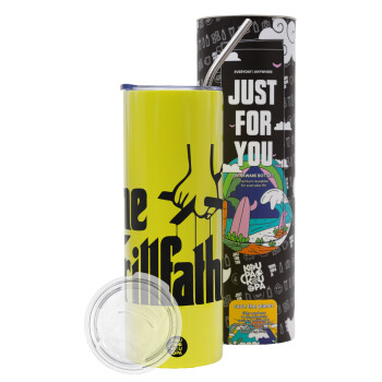 The Grillfather, Neon Yellow Travel Tumbler, with metal straw (Stainless steel 304 Food grade, BPA free, 600ml)