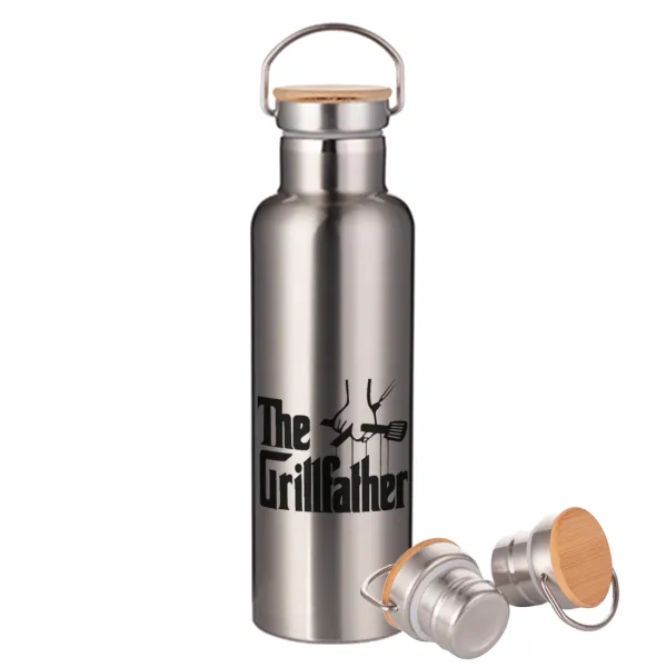 The Grillfather — Μεταλλικό παγούρι θερμός (Stainless steel) Ασημένιο με ξύλινο καπακι (bamboo), διπλού τοιχώματος, 750ml