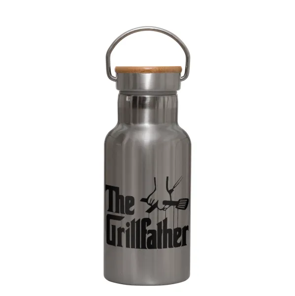 The Grillfather — Stainless steel metallic thermos flask, silver with a bamboo lid, double-walled, 350ml.