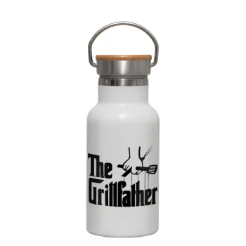 The Grillfather, Μεταλλικό παγούρι θερμός (Stainless steel) Λευκό με ξύλινο καπακι (bamboo), διπλού τοιχώματος, 350ml