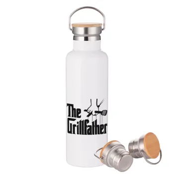 The Grillfather, Μεταλλικό παγούρι θερμός (Stainless steel) Λευκό με ξύλινο καπάκι (bamboo), διπλού τοιχώματος, 750ml