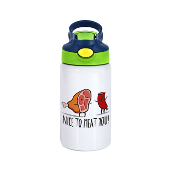 Nice to MEAT you, Children's hot water bottle, stainless steel, with safety straw, green, blue (350ml)