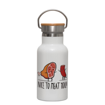 Nice to MEAT you, Metallic thermos (Stainless steel) White with wooden lid (bamboo), double-walled, 350ml