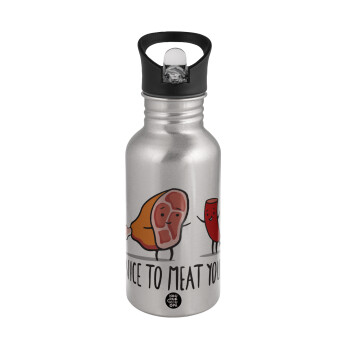 Nice to MEAT you, Water bottle Silver with straw, stainless steel 500ml