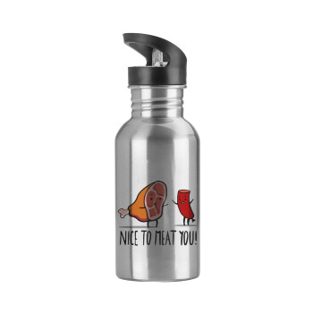 Nice to MEAT you, Water bottle Silver with straw, stainless steel 600ml