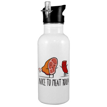 Nice to MEAT you, White water bottle with straw, stainless steel 600ml