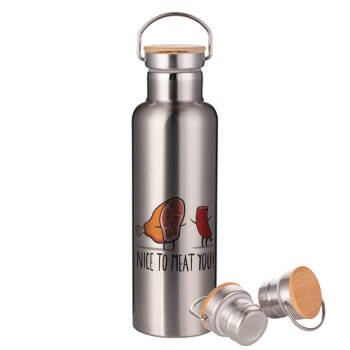 Nice to MEAT you, Stainless steel Silver with wooden lid (bamboo), double wall, 750ml