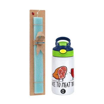 Nice to MEAT you, Easter Set, Children's thermal stainless steel bottle with safety straw, green/blue (350ml) & aromatic flat Easter candle (30cm) (TURQUOISE)