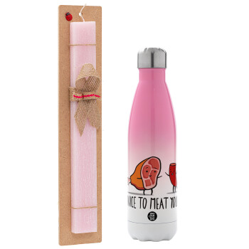 Nice to MEAT you, Easter Set, Metallic pink/white (Stainless steel) thermos, double-walled, 500ml & aromatic flat Easter candle (30cm) (PINK)