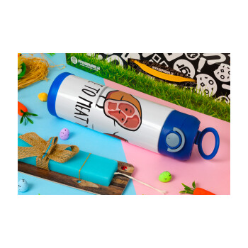 Nice to MEAT you, Πασχαλινή Λαμπάδα με Παιδικό παγούρι θερμό, ανοξείδωτο, με καλαμάκι ασφαλείας, ΜΠΛΕ (500ml)