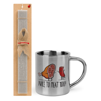 Nice to MEAT you, Easter Set, metallic thermal cup (300ml) & Easter aromatic flat candle (30cm) (GRAY)