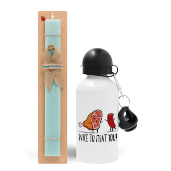 Nice to MEAT you, Easter Set, metallic aluminum water bottle (500ml) & scented flat candle (30cm) (TURQUOISE)