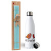 Easter Set, metallic stainless steel water bottle (750ml) & aromatic flat Easter candle (30cm) (TURQUOISE)