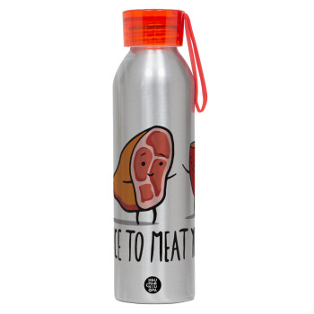 Nice to MEAT you, Aluminum Sports Bottle 650ml – Silver with Red Cap and Silicone Strap