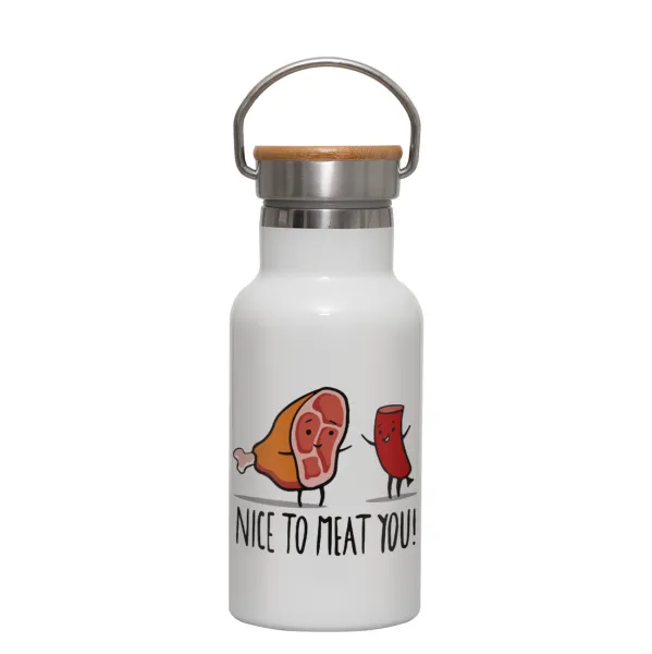 Nice to MEAT you — Metallic thermos (Stainless steel) White with wooden lid (bamboo), double-walled, 350ml