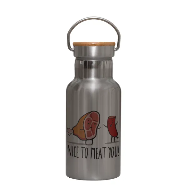 Nice to MEAT you — Stainless steel metallic thermos flask, silver with a bamboo lid, double-walled, 350ml.